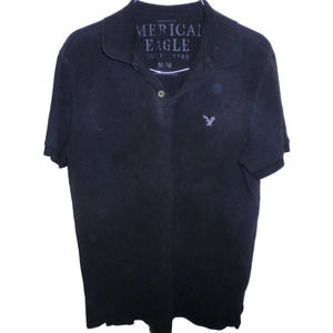 American Eagle Solid Black Polo Shirt, Embroidered Logo, Size Medium 100% Cotton